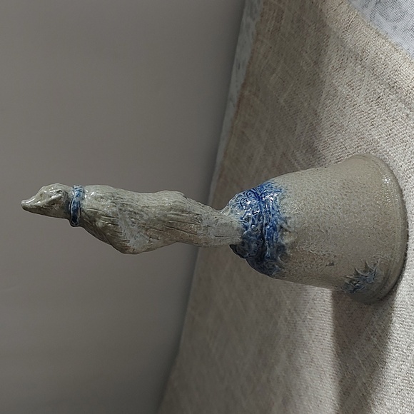 Rowe Pottery Works Blue And Gray Salt Glaze Christmas Bell With Bear 1992 RARE - Picture 1 of 11